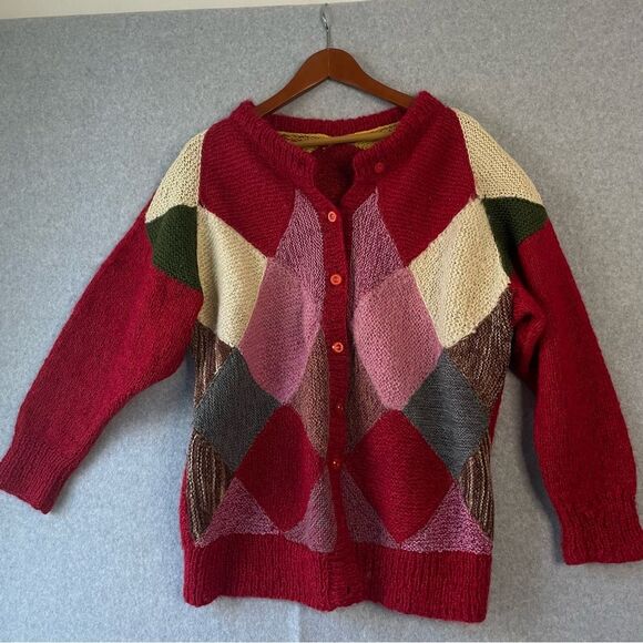VIntage Hand Knit Patchwork  Cardigan Sweater Mohair Blend sz.L/XL #KK - Picture 2 of 7